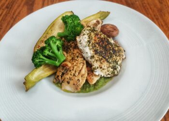 жаренная куриная грудка (без масла и соли) с запеченными овощами под соусом из брококли и мяты