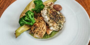 жаренная куриная грудка (без масла и соли) с запеченными овощами под соусом из брококли и мяты